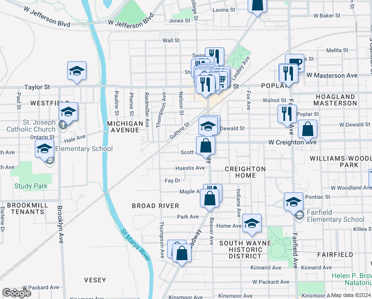 map of restaurants, bars, coffee shops, grocery stores, and more near 1236 Scott Avenue in Fort Wayne