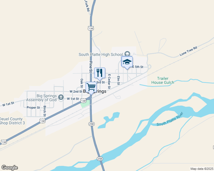 map of restaurants, bars, coffee shops, grocery stores, and more near 201-299 East 3rd Street in Big Springs