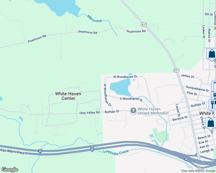 map of restaurants, bars, coffee shops, grocery stores, and more near 180 W Woodhaven Dr in White Haven