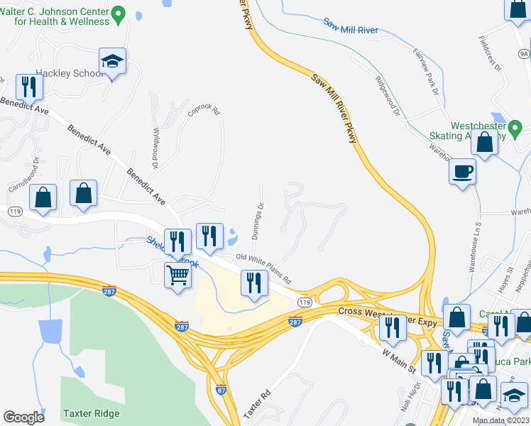 map of restaurants, bars, coffee shops, grocery stores, and more near 1305 Dorset Drive in Tarrytown
