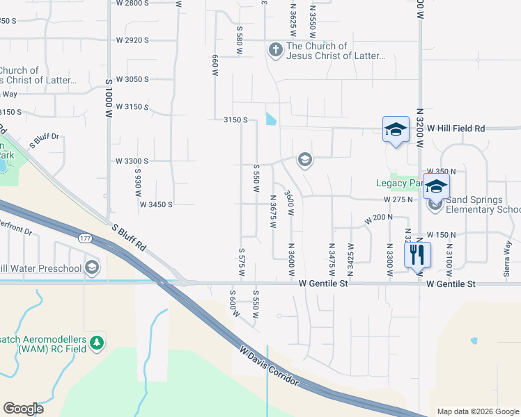 map of restaurants, bars, coffee shops, grocery stores, and more near 3513 South 550 West in Syracuse