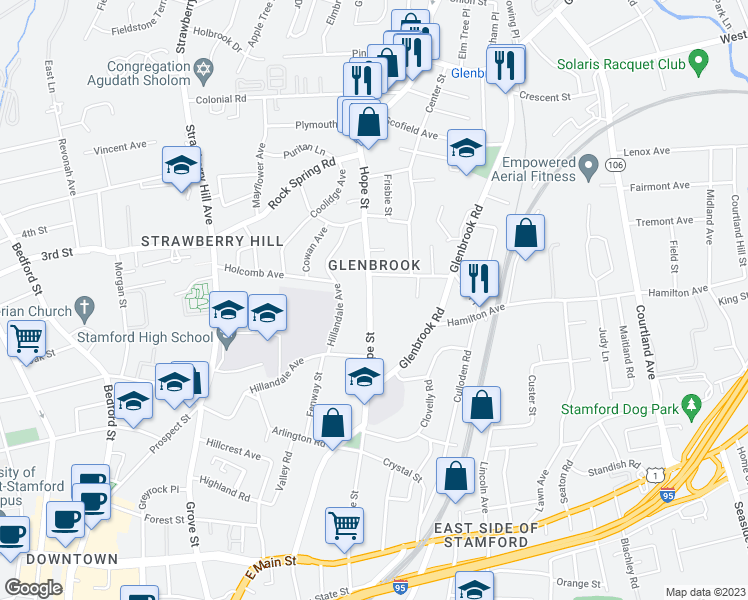 map of restaurants, bars, coffee shops, grocery stores, and more near 4 Howes Avenue in Stamford