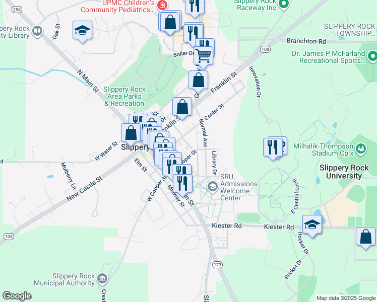 map of restaurants, bars, coffee shops, grocery stores, and more near 224 Center Street in Slippery Rock