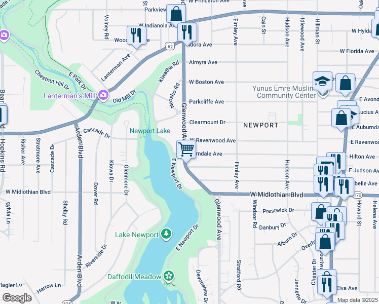 map of restaurants, bars, coffee shops, grocery stores, and more near 642 Ferndale Avenue in Youngstown