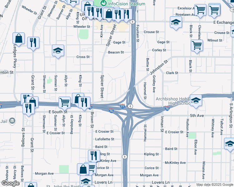 map of restaurants, bars, coffee shops, grocery stores, and more near 588 Hedden Avenue in Akron