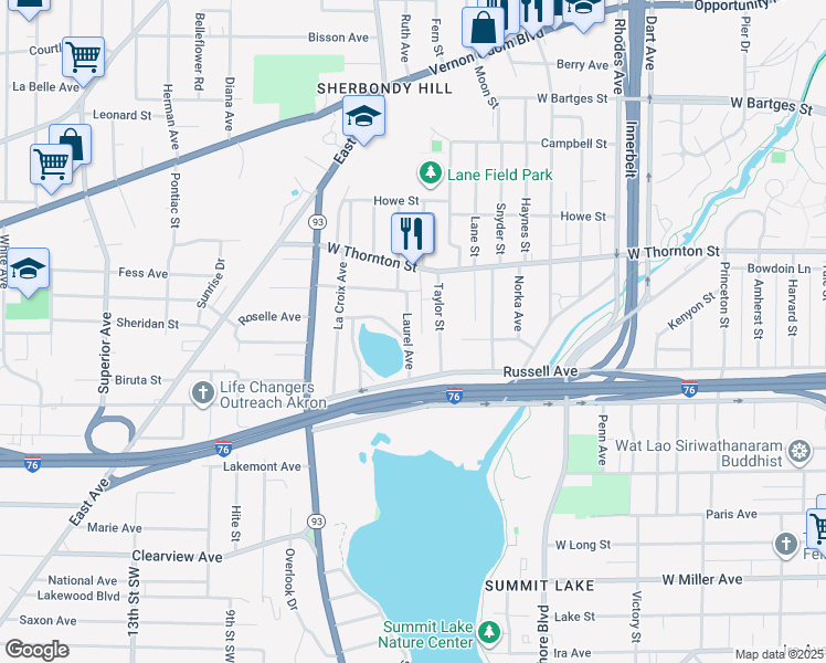 map of restaurants, bars, coffee shops, grocery stores, and more near 1100 Taylor Street in Akron