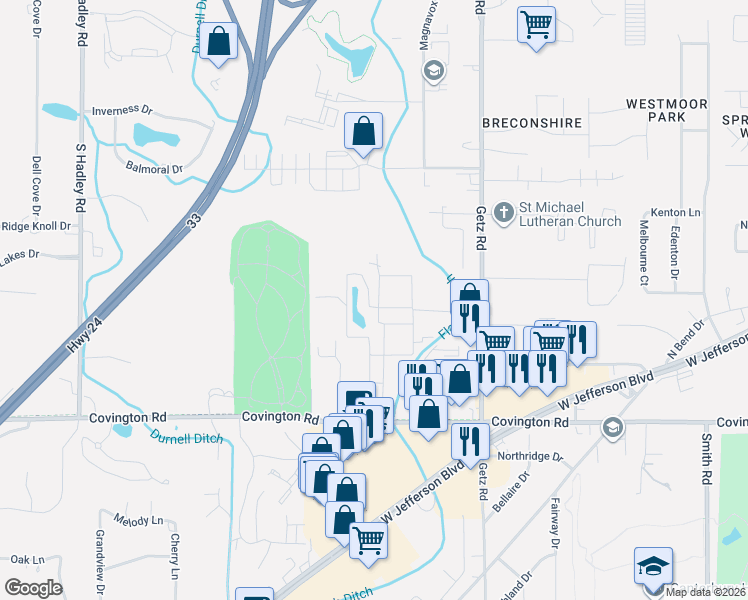 map of restaurants, bars, coffee shops, grocery stores, and more near 2106 Cheri Court in Fort Wayne
