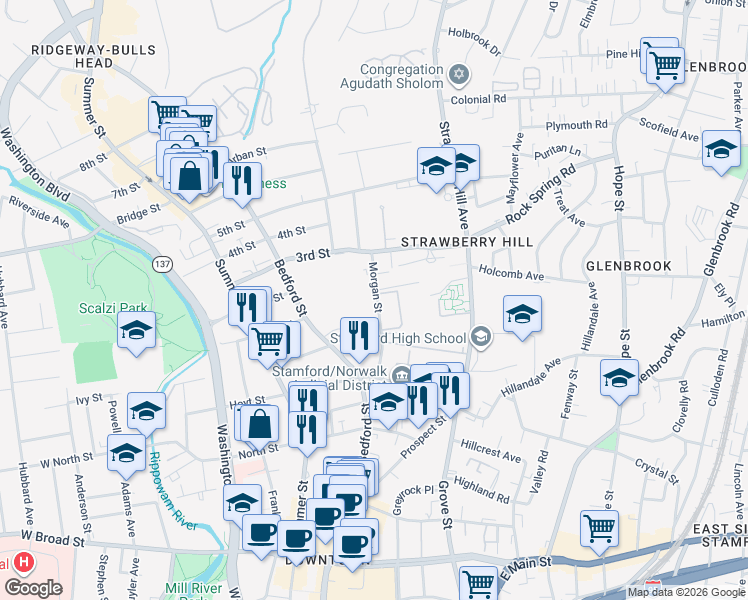 map of restaurants, bars, coffee shops, grocery stores, and more near 111 Morgan Street in Stamford