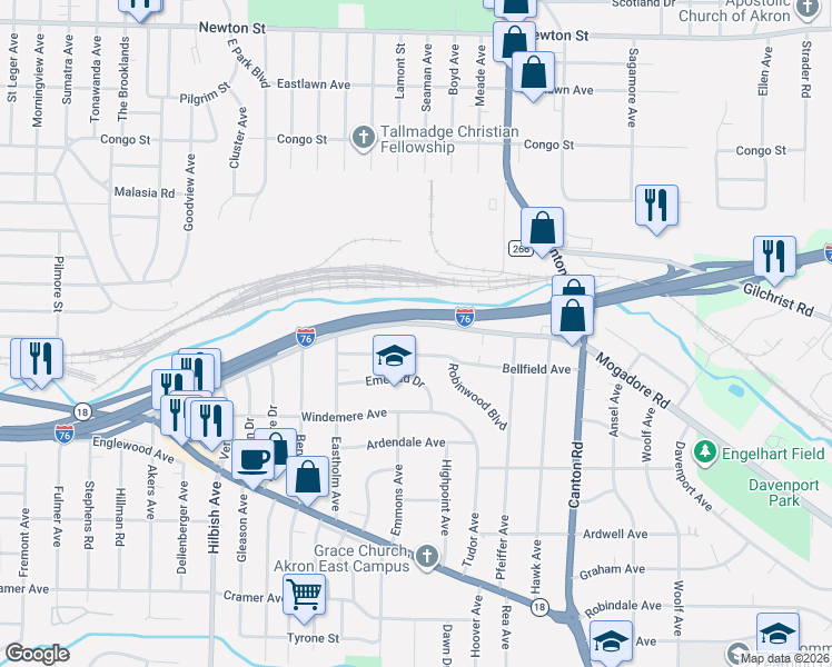 map of restaurants, bars, coffee shops, grocery stores, and more near 2324 Mogadore Road in Akron