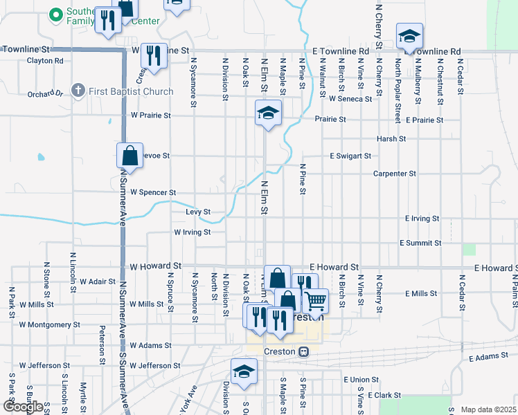 map of restaurants, bars, coffee shops, grocery stores, and more near 601-699 North Elm Street in Creston