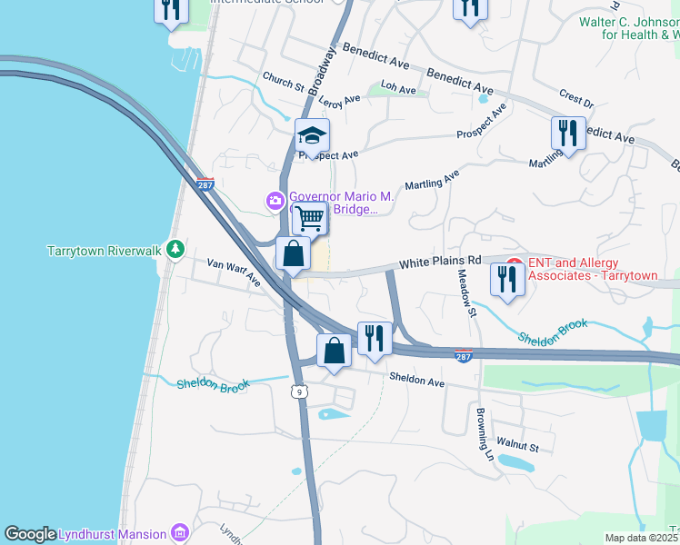 map of restaurants, bars, coffee shops, grocery stores, and more near 9 White Plains Road in Tarrytown
