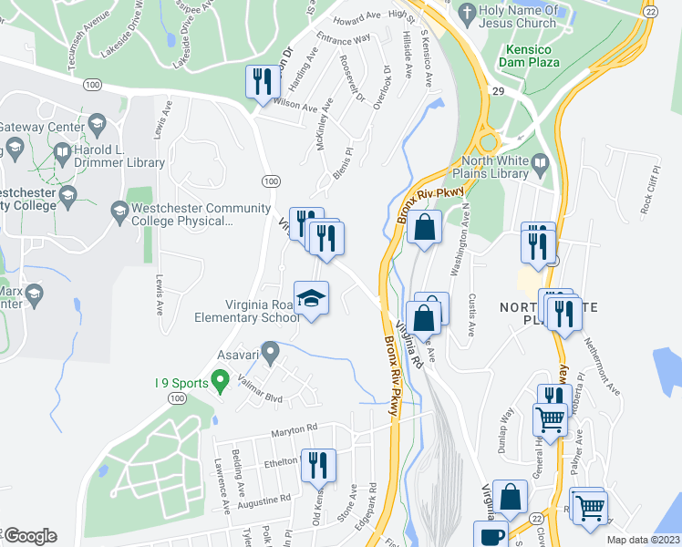 map of restaurants, bars, coffee shops, grocery stores, and more near 96 Virginia Road in White Plains