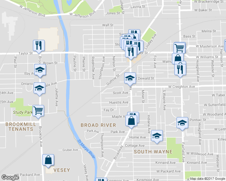 map of restaurants, bars, coffee shops, grocery stores, and more near 1308 Scott Avenue in Fort Wayne