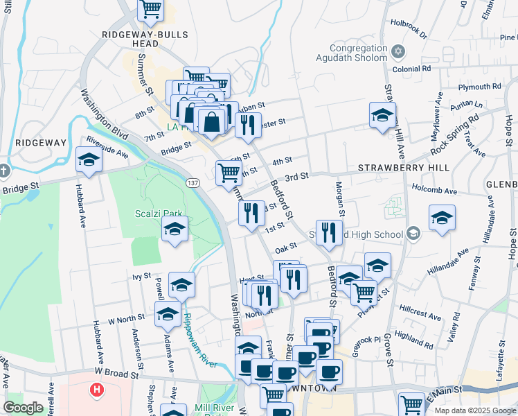 map of restaurants, bars, coffee shops, grocery stores, and more near 14 2nd Street in Stamford