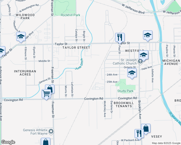 map of restaurants, bars, coffee shops, grocery stores, and more near 2600 Ontario Street in Fort Wayne