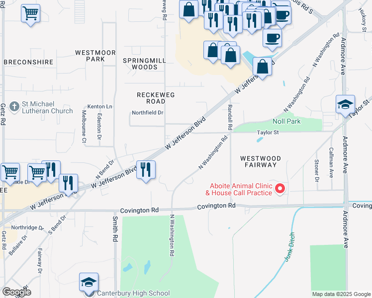 map of restaurants, bars, coffee shops, grocery stores, and more near 4817 West Jefferson Boulevard in Fort Wayne