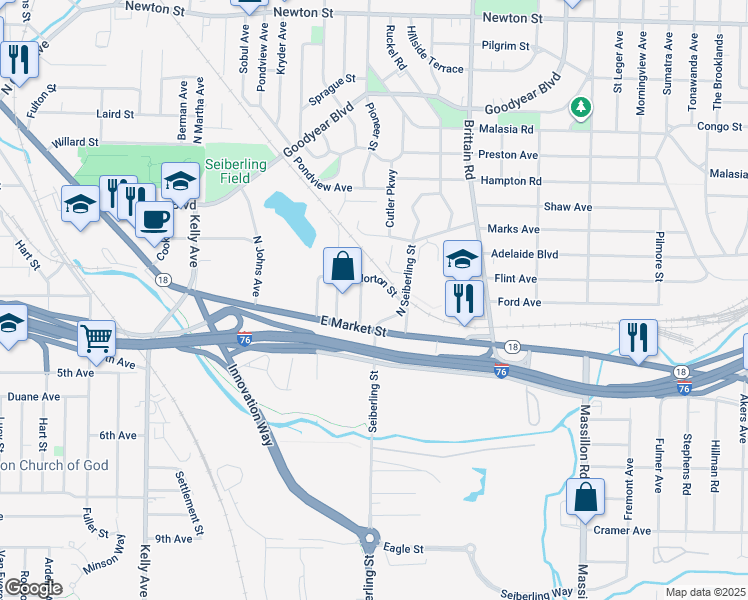 map of restaurants, bars, coffee shops, grocery stores, and more near 33 Dorcas Avenue in Akron