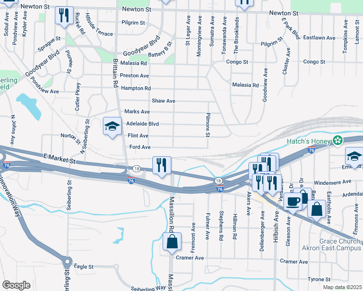 map of restaurants, bars, coffee shops, grocery stores, and more near 1845 Ford Avenue in Akron