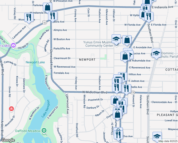 map of restaurants, bars, coffee shops, grocery stores, and more near 442 Ferndale Avenue in Youngstown