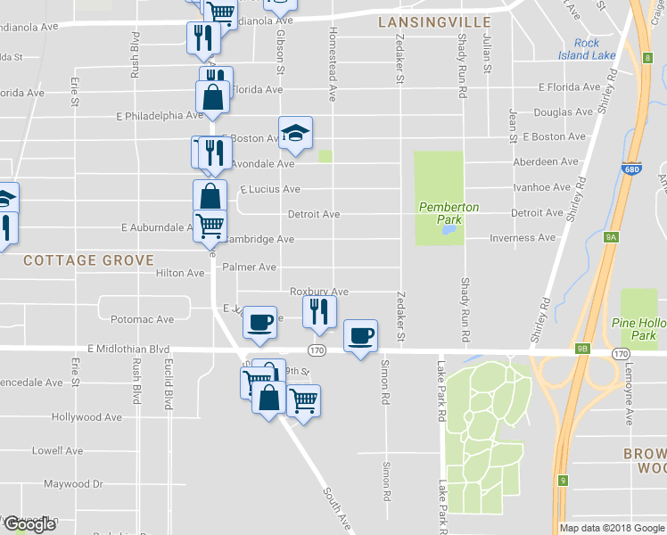 map of restaurants, bars, coffee shops, grocery stores, and more near 3601 Homestead Avenue in Youngstown