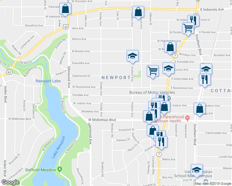 map of restaurants, bars, coffee shops, grocery stores, and more near 448 Ferndale Avenue in Youngstown