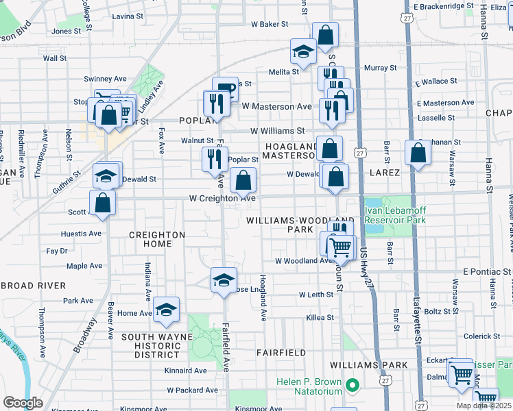 map of restaurants, bars, coffee shops, grocery stores, and more near 2310 Hoagland Avenue in Fort Wayne