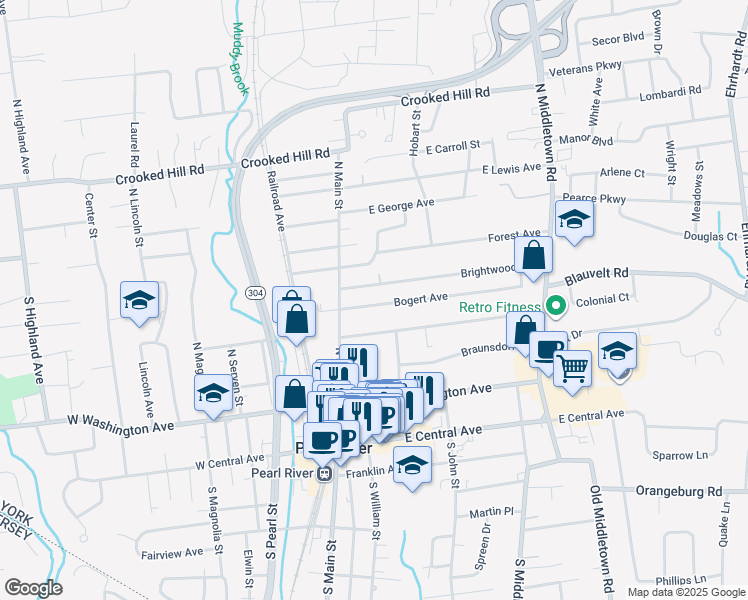 map of restaurants, bars, coffee shops, grocery stores, and more near 20 Brightwood Avenue in Pearl River