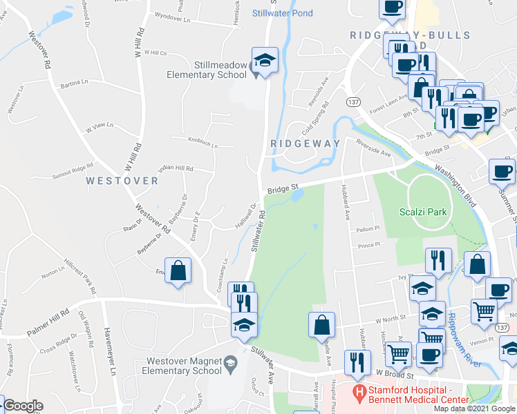 map of restaurants, bars, coffee shops, grocery stores, and more near 602 Stillwater Road in Stamford