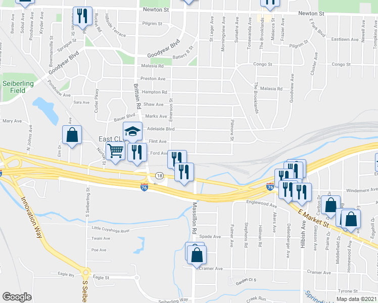 map of restaurants, bars, coffee shops, grocery stores, and more near 1809 Ford Avenue in Akron