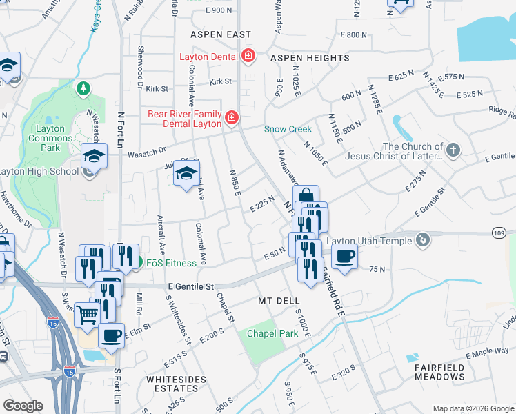 map of restaurants, bars, coffee shops, grocery stores, and more near 899 East 225 North in Layton