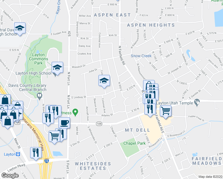 map of restaurants, bars, coffee shops, grocery stores, and more near 278 Dixie Street in Layton