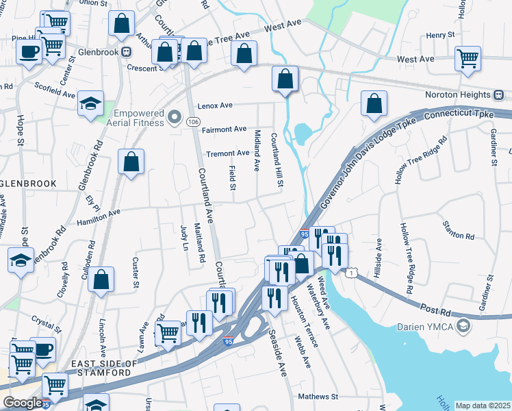 map of restaurants, bars, coffee shops, grocery stores, and more near 258 Hamilton Avenue in Stamford