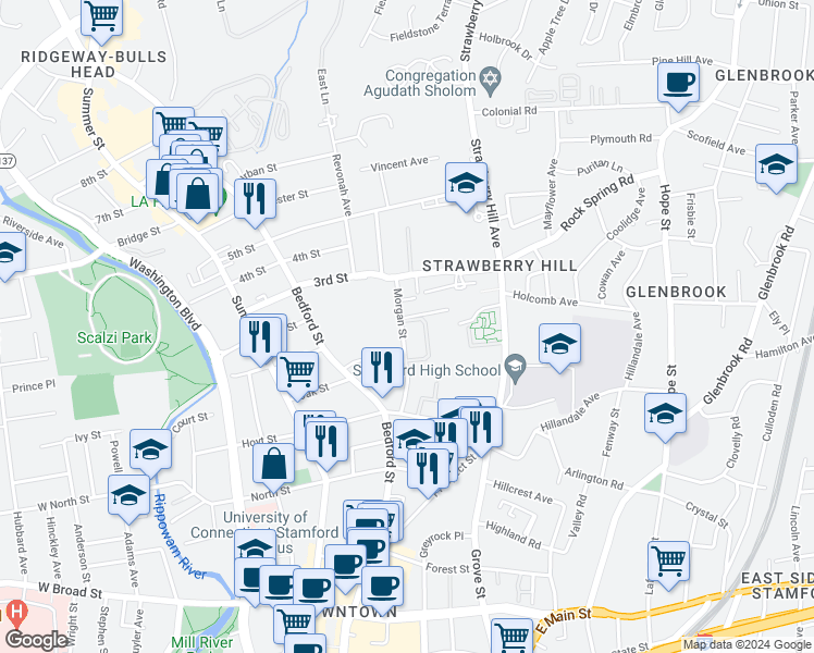 map of restaurants, bars, coffee shops, grocery stores, and more near 95 Morgan Street in Stamford