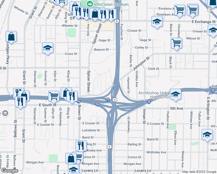 map of restaurants, bars, coffee shops, grocery stores, and more near 637 Johnston Street in Akron