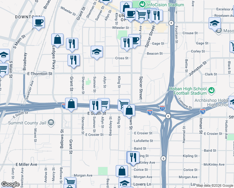 map of restaurants, bars, coffee shops, grocery stores, and more near 671 Kling Street in Akron