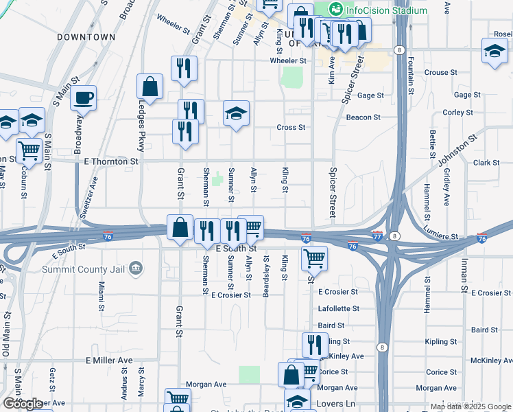 map of restaurants, bars, coffee shops, grocery stores, and more near 371 East Voris Street in Akron
