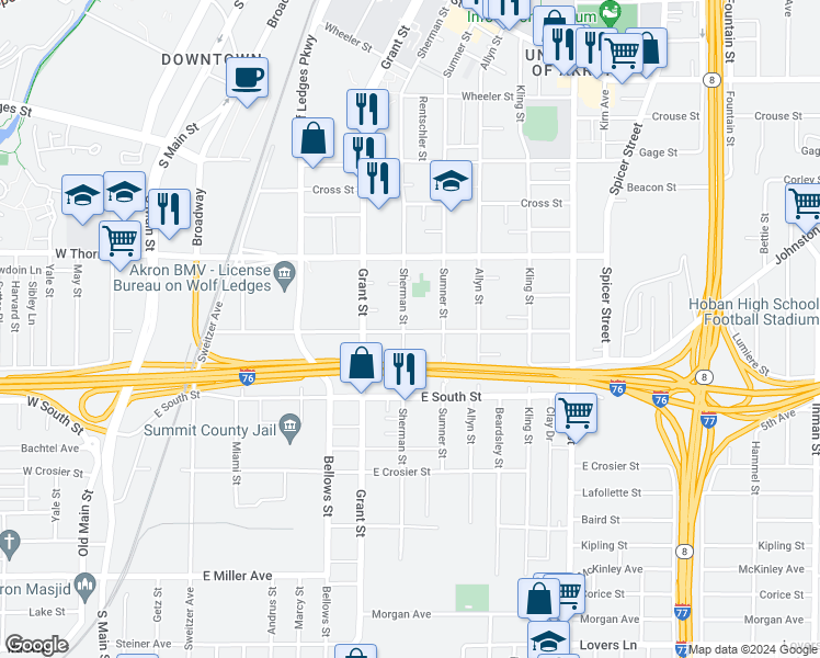 map of restaurants, bars, coffee shops, grocery stores, and more near 697 Sherman Street in Akron