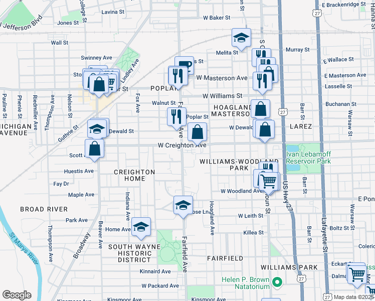 map of restaurants, bars, coffee shops, grocery stores, and more near 2301 Fairfield Avenue in Fort Wayne