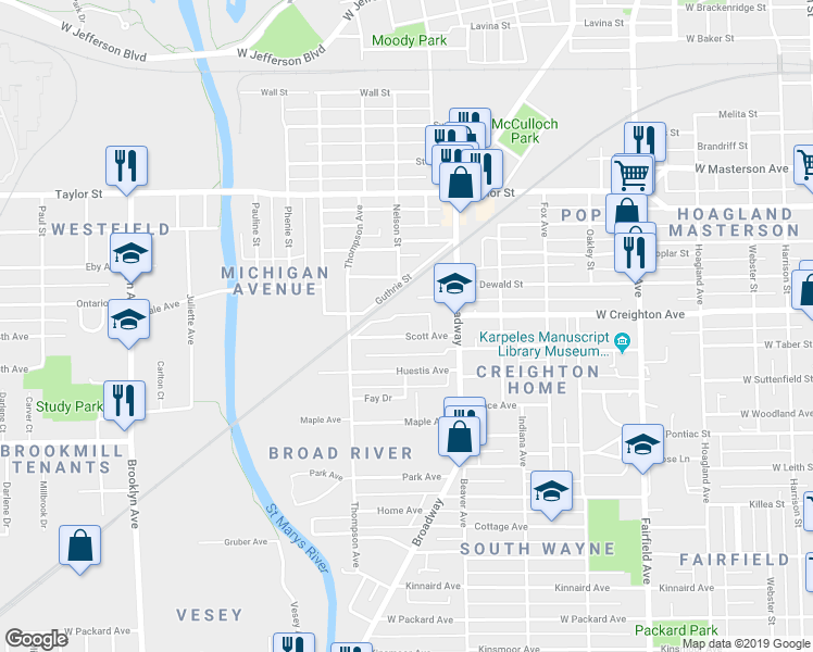 map of restaurants, bars, coffee shops, grocery stores, and more near 1308 Scott Avenue in Fort Wayne