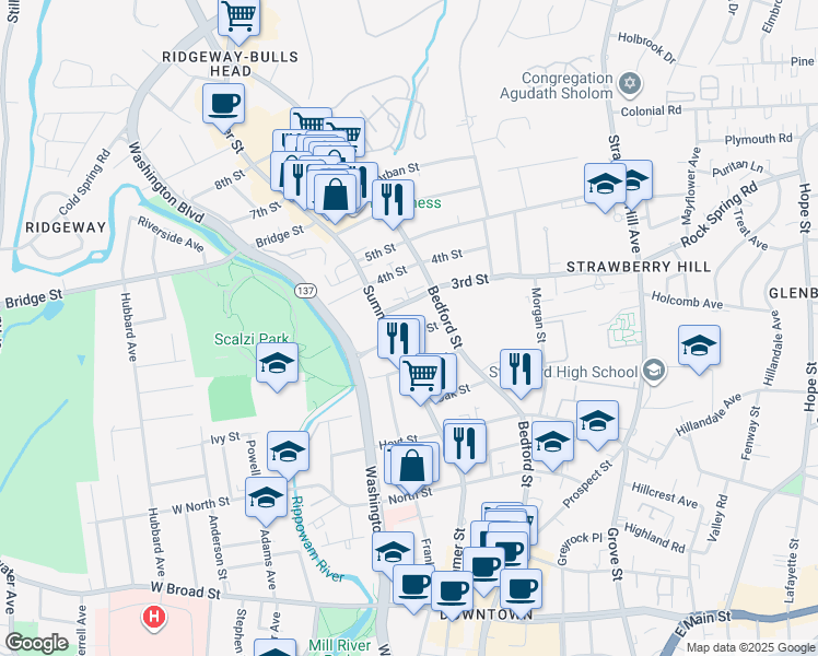 map of restaurants, bars, coffee shops, grocery stores, and more near 14 2nd Street in Stamford