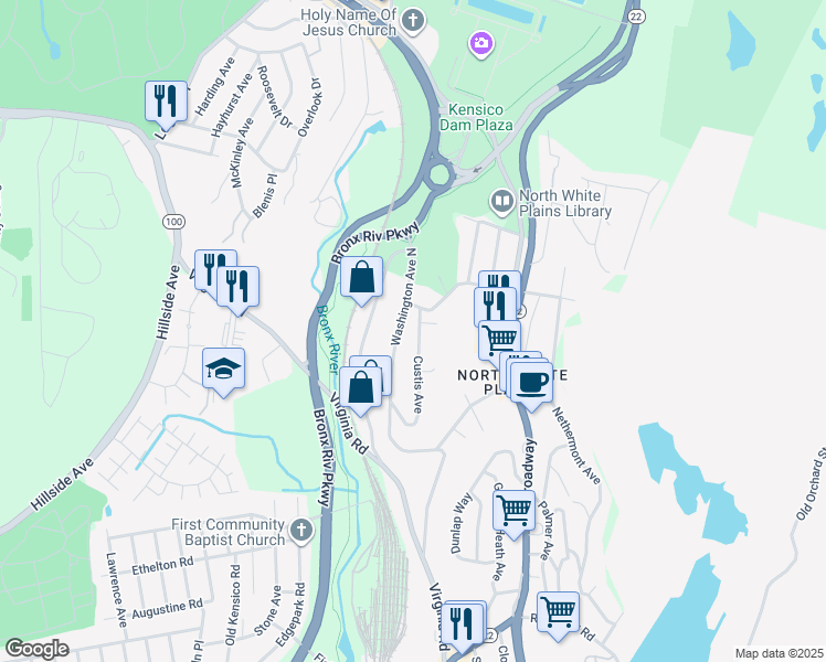 map of restaurants, bars, coffee shops, grocery stores, and more near 53 Custis Avenue in White Plains