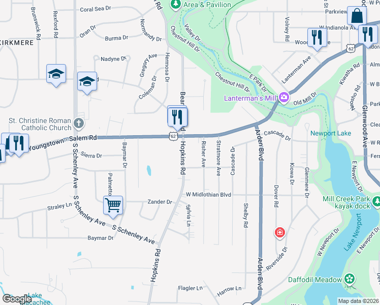 map of restaurants, bars, coffee shops, grocery stores, and more near 3430 Risher Avenue in Youngstown