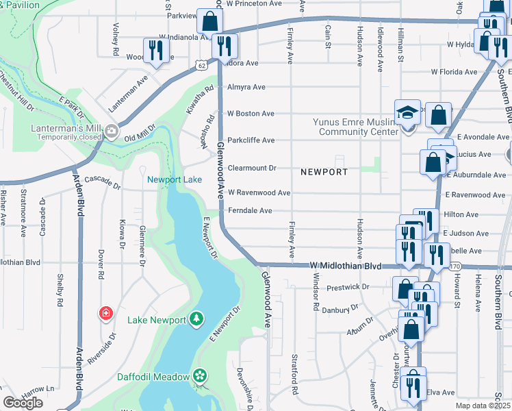 map of restaurants, bars, coffee shops, grocery stores, and more near 604 Ferndale Avenue in Youngstown