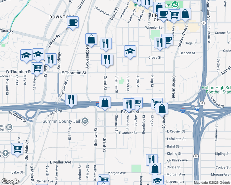 map of restaurants, bars, coffee shops, grocery stores, and more near 697 Sherman Street in Akron