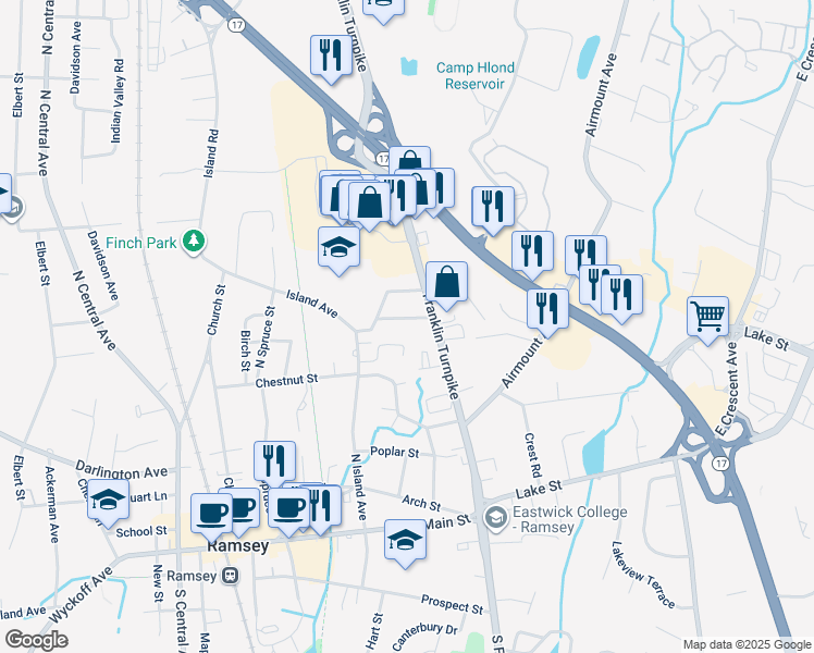 map of restaurants, bars, coffee shops, grocery stores, and more near 26 Madison Avenue in Ramsey