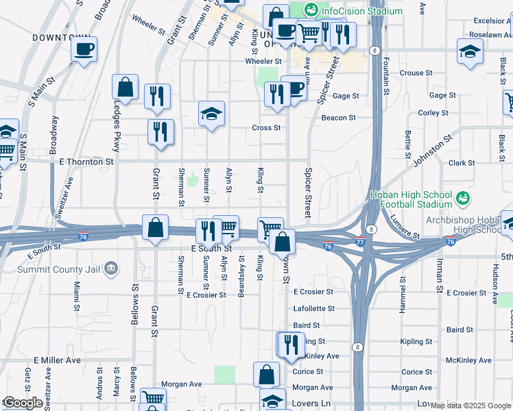 map of restaurants, bars, coffee shops, grocery stores, and more near 671 Kling Street in Akron