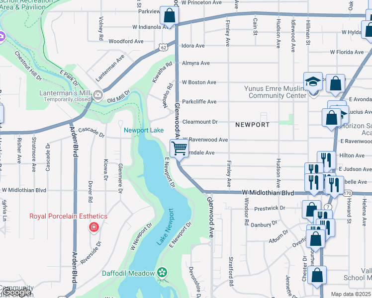 map of restaurants, bars, coffee shops, grocery stores, and more near 642 Ferndale Avenue in Youngstown