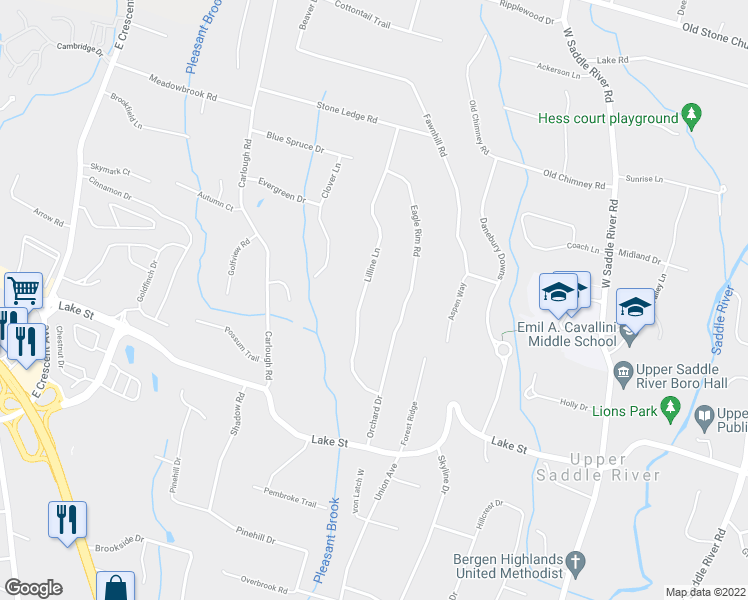 map of restaurants, bars, coffee shops, grocery stores, and more near 32 Lilline Lane in Saddle River