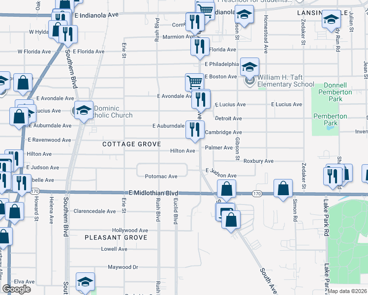 map of restaurants, bars, coffee shops, grocery stores, and more near 362 Hilton Avenue in Youngstown