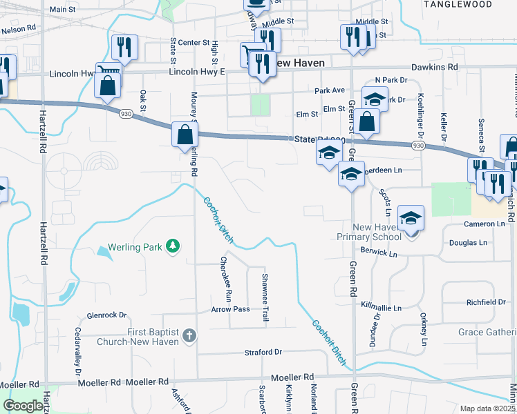 map of restaurants, bars, coffee shops, grocery stores, and more near 2615 Valley Creek Run in New Haven